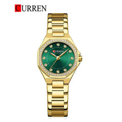 Women's stainless steel watch from Curren 9100 series, featuring a sleek design and silver-tone dial with a metal bracelet.