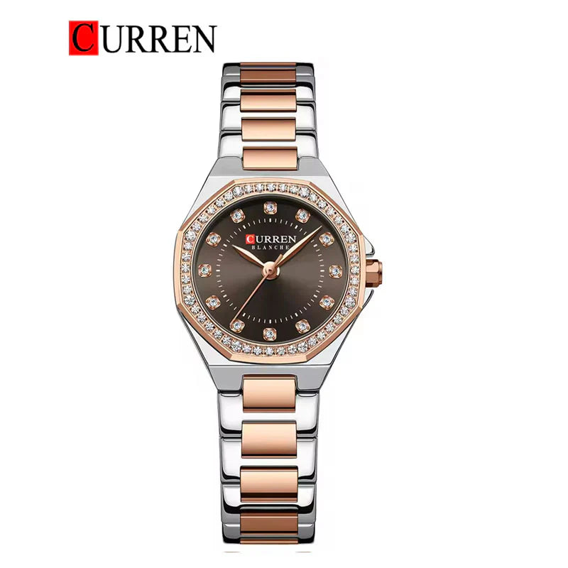 Curren 9100 women's stainless steel watch with a sleek design and silver-tone band, displaying time on a round dial.