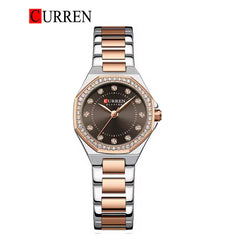 Curren 9100 women's stainless steel watch with a sleek design and silver-tone band, displaying time on a round dial.