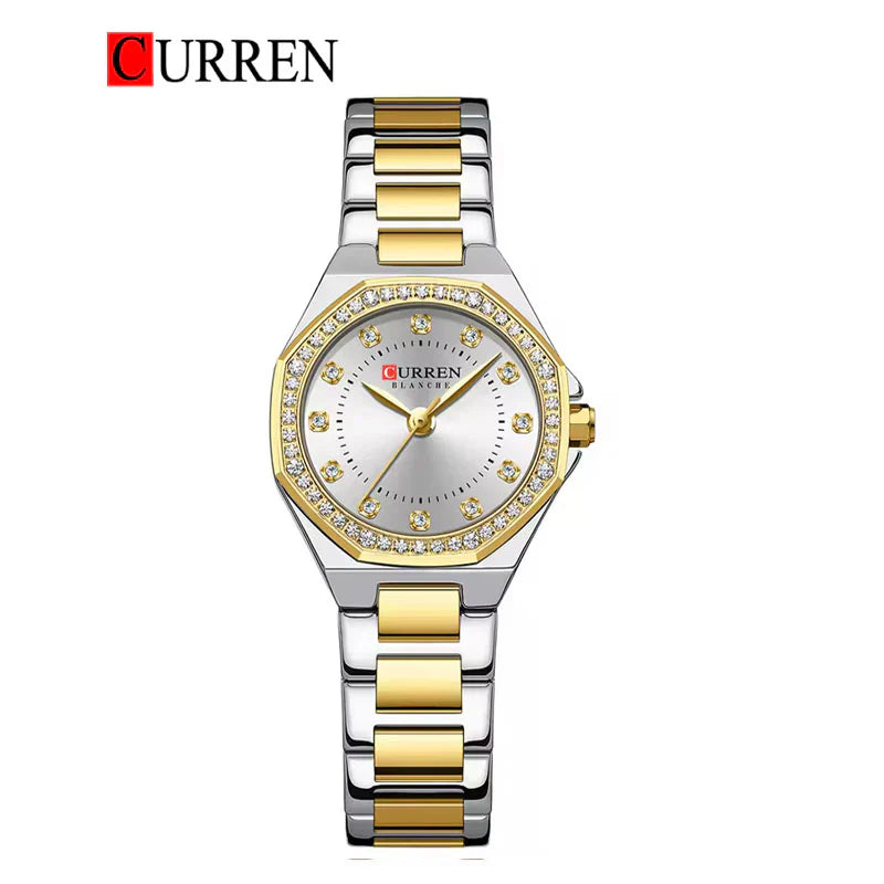 Curren 9100 women's stainless steel watch featuring a sleek silver band and round dial with minimalist design.