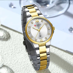 Curren 9107 women's quartz luxury stainless steel watch with a white dial and gold-tone accents, stylish and elegant for ladies.