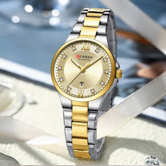 Curren 9107 women's luxury quartz watch with white dial and stainless steel band, stylish fashion accessory for ladies.