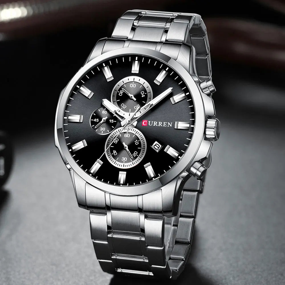 Curren 8348 men's chronograph watch featuring a black dial, multiple subdials, and a stainless steel strap.