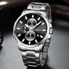 Curren 8348 men's chronograph watch featuring a black dial, multiple subdials, and a stainless steel strap.