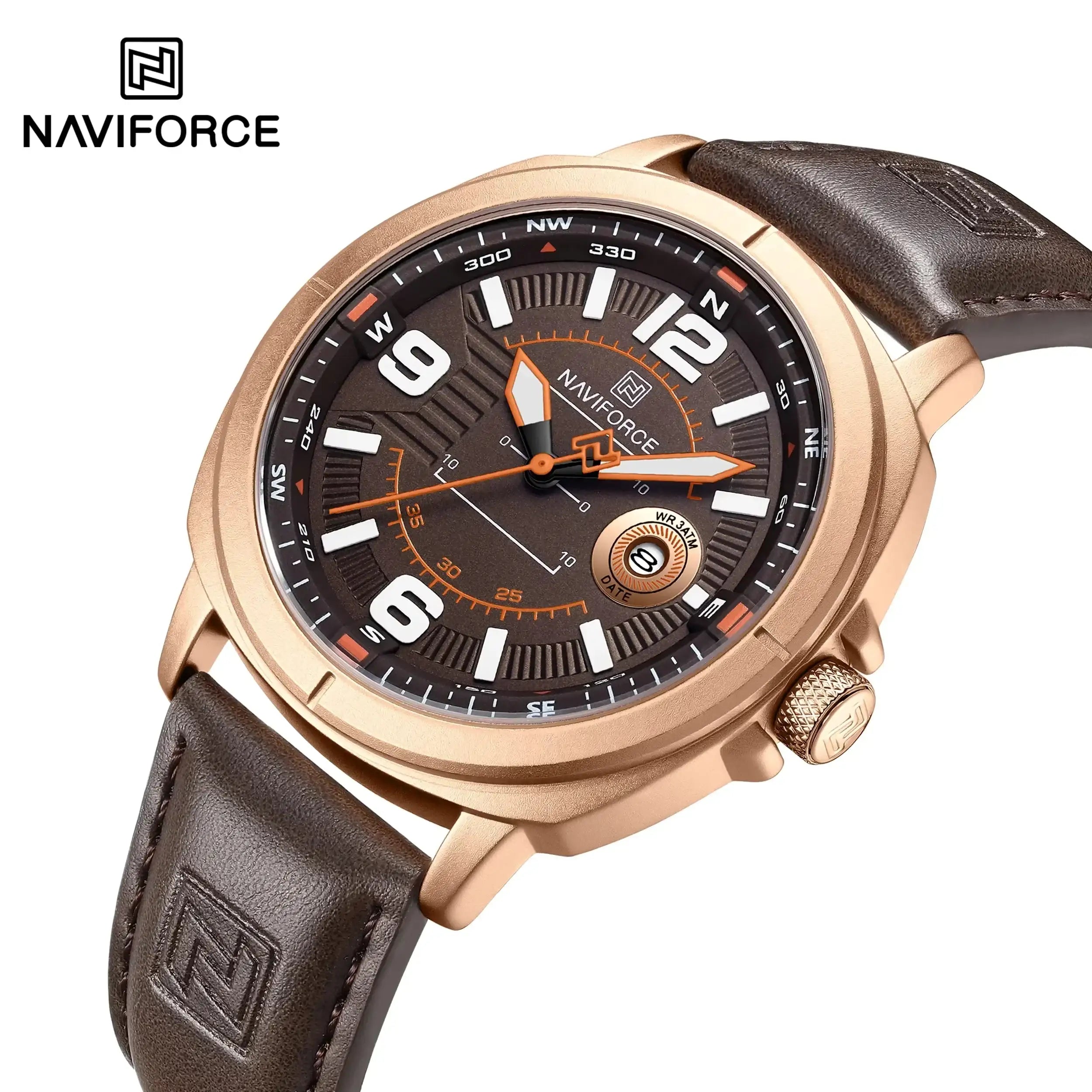 Naviforce NF8078 men's fashion quartz watch with black dial, stainless steel band, and modern design.