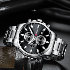 Curren 8348 men's chronograph watch with black dial, silver-tone case, and multiple subdials, stylish men's wristwatch.