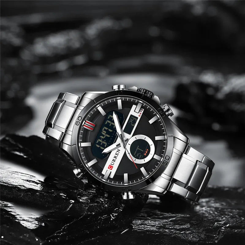 Men's stainless steel Curren 8384 watch with black dial and silver band, stylish men's wristwatch with modern design.