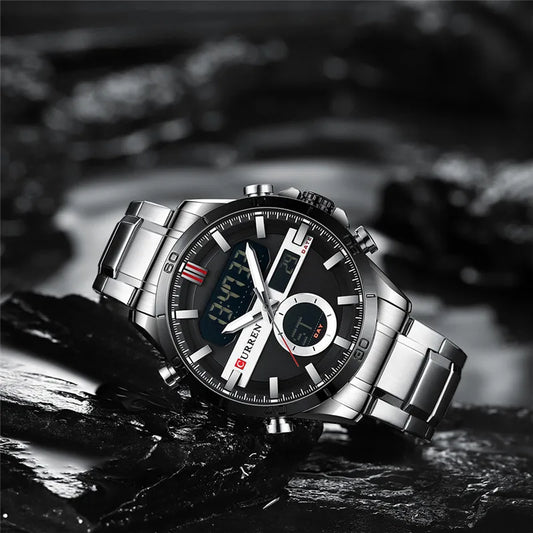 Men's stainless steel Curren 8384 watch with black dial and silver band, stylish men's wristwatch with modern design.