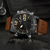 Naviforce men's luxury sports watch with dual display LED digital screen, black strap, and modern design.