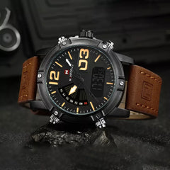 Naviforce men's luxury sports watch with dual display LED digital screen, black strap, and modern design.