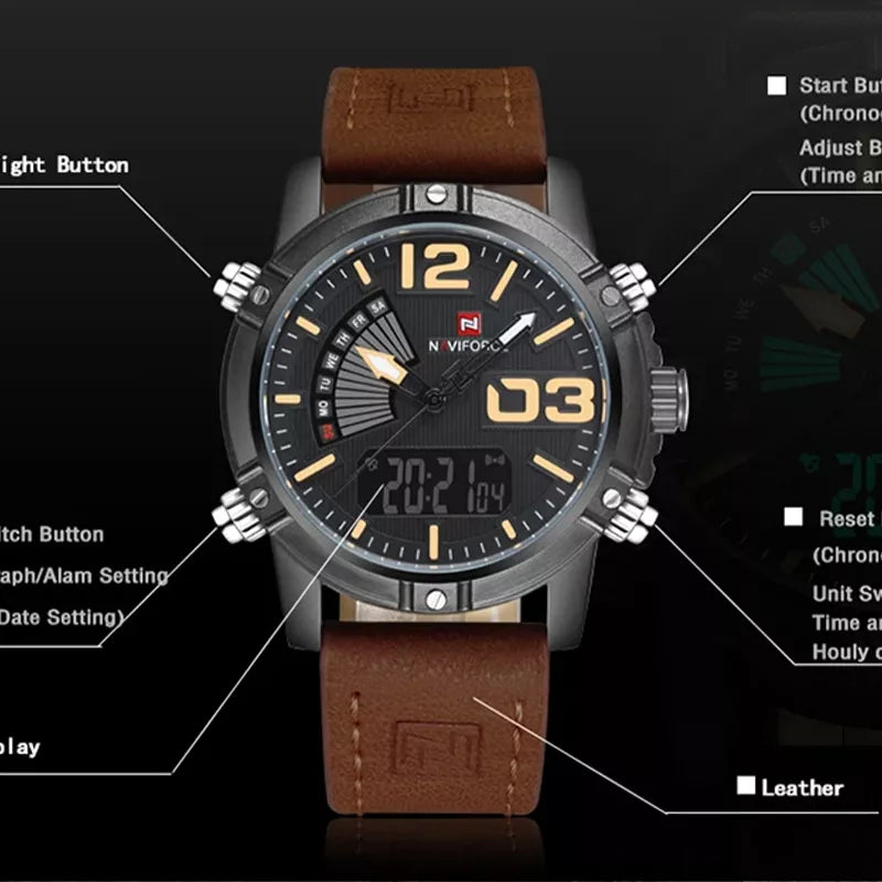 Naviforce men's luxury sport watch with dual display LED digital screen, featuring a sleek design and durable strap.