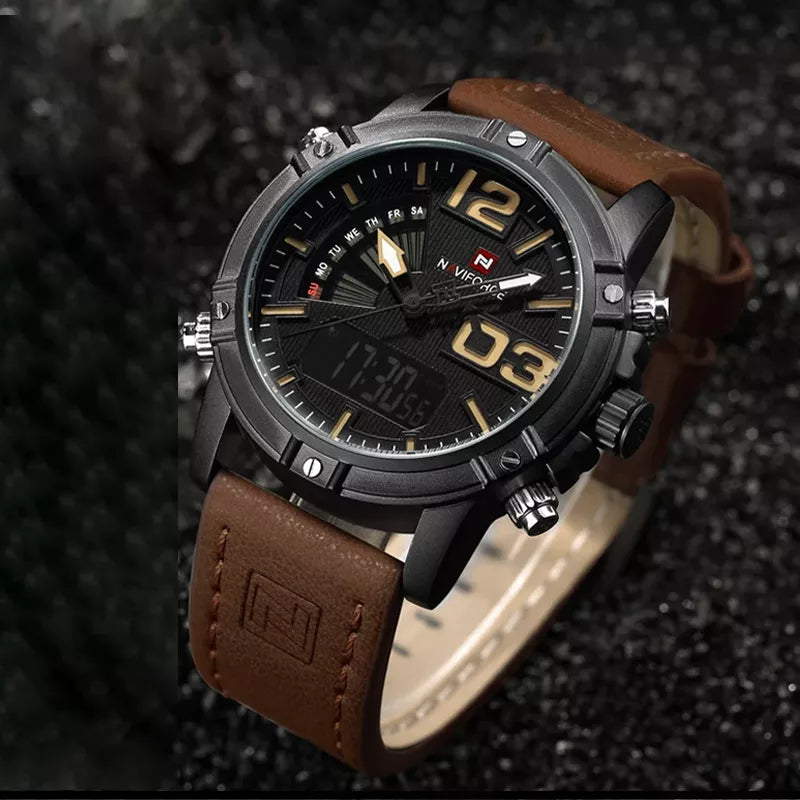 Naviforce men's luxury sport watch with dual display LED digital screen, black strap, and modern design.