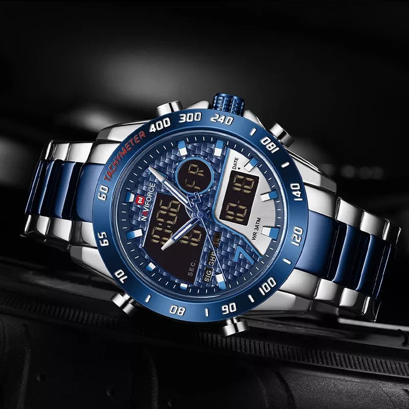 Naviforce men's luxury wrist watch with a sleek black dial and stainless steel strap, stylish and durable men's watch.