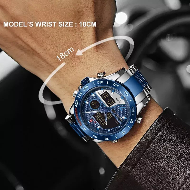 Naviforce men's luxury wrist watch with black dial and stainless steel band, stylish men's watch from Naviforce.