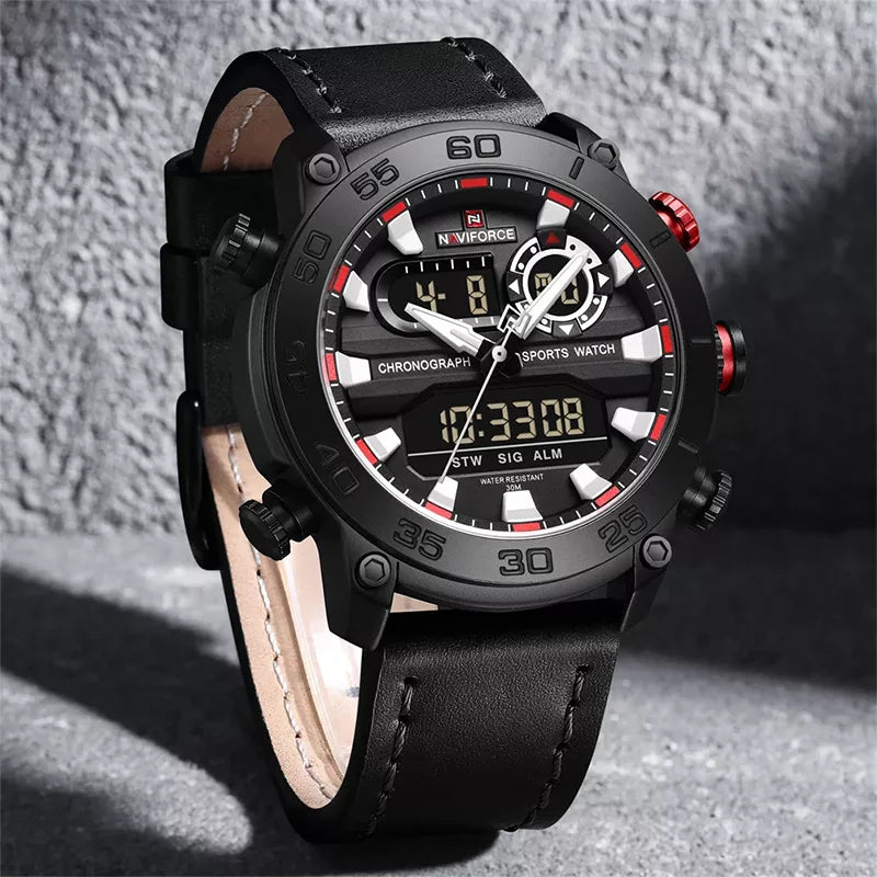 Black genuine leather men's wristwatch by Naviforce, model 9235, with a sleek round dial and classic design.
