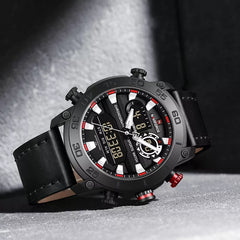 Men's Naviforce 9235 black genuine leather wristwatch with round dial and metal case, stylish and durable accessory.