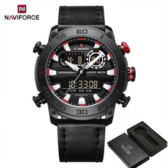 Men's Naviforce 9235 black genuine leather wristwatch with a classic design and round dial.