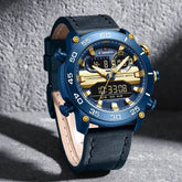 Naviforce men's genuine leather wristwatch with blue dial and classic design, model 9235, featuring a sophisticated blue strap.