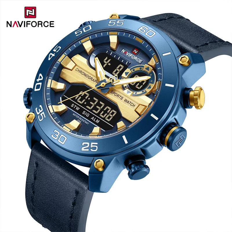 Genuine leather Naviforce men's wristwatch with a blue dial and classic design, model 9235, on a black leather strap.