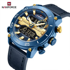 Genuine leather Naviforce men's wristwatch with a blue dial and classic design, model 9235, on a black leather strap.