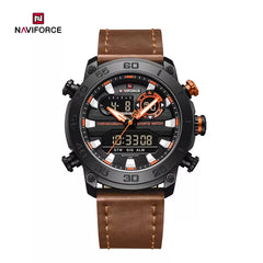 Men's genuine leather wristwatch by Naviforce, model 9235 with a brown strap and classic design.