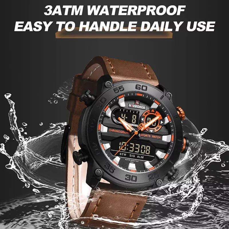 Men's Naviforce 9235 brown genuine leather wristwatch with a classic design and round dial.