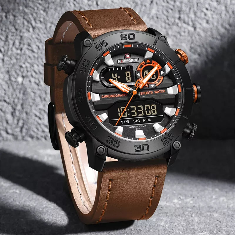 Men's genuine leather wristwatch by Naviforce, model 9235 in brown with a classic design and round dial.