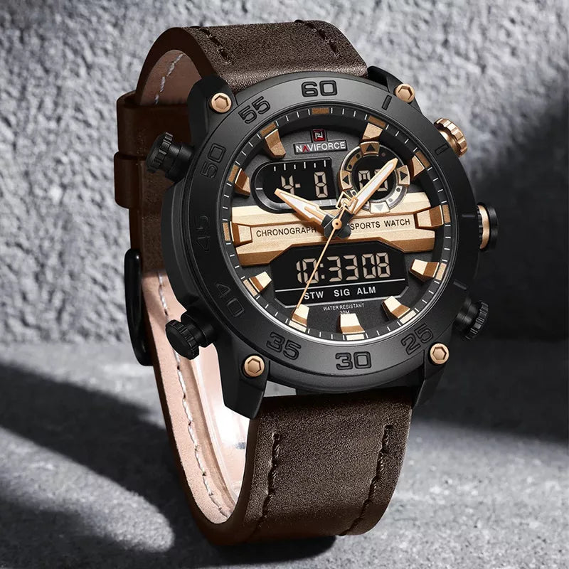 Men's Naviforce 9235 coffee leather wristwatch with a classic round dial and metal case, featuring a stylish and durable design.