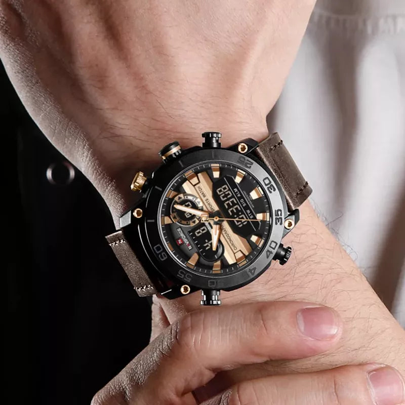 Men's Naviforce 9235 coffee leather wristwatch with a classic design and round dial, featuring a genuine leather strap.