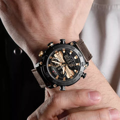 Men's Naviforce 9235 coffee leather wristwatch with a classic design and round dial, featuring a genuine leather strap.