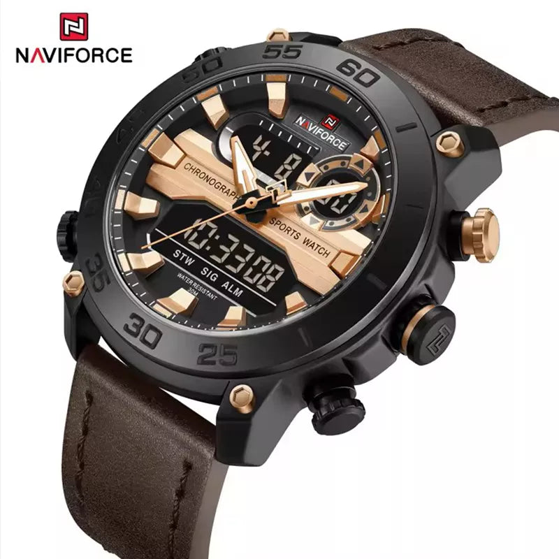 Men's genuine leather wristwatch by Naviforce, model 9235 in coffee brown with a round dial and classic design.