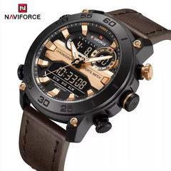 Men's genuine leather wristwatch by Naviforce, model 9235 in coffee brown with a round dial and classic design.