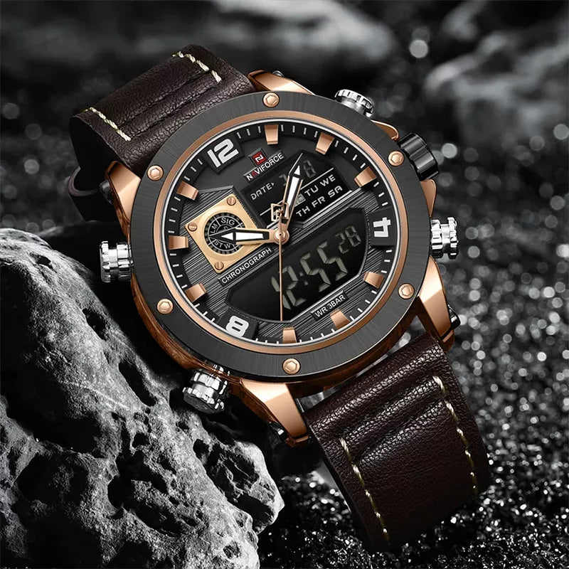 Naviforce men's luxury wrist watch with double display in coffee color, featuring a stylish and sophisticated design.