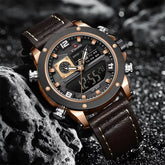 Naviforce men's luxury wrist watch with double display in coffee color, featuring a stylish and sophisticated design.