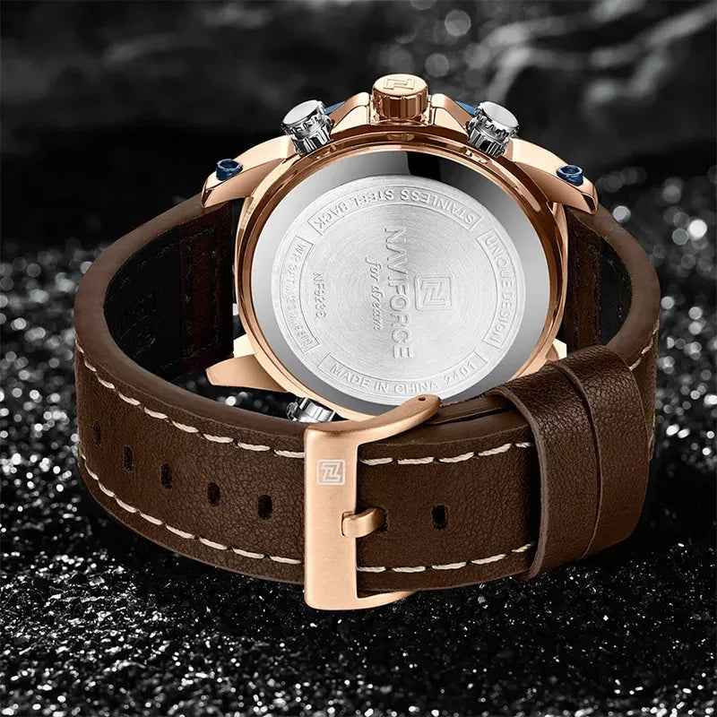Naviforce luxury men's wrist watch with double display in a coffee-colored dial, featuring a stainless steel strap and chronograph details.