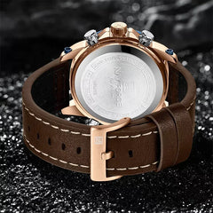 Naviforce luxury men's wrist watch with double display in a coffee-colored dial, featuring a stainless steel strap and chronograph details.