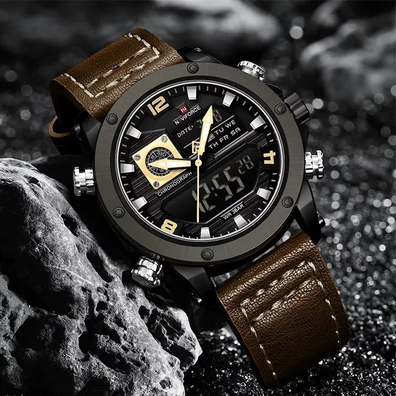 Naviforce luxury men's wrist watch with double display, featuring a coffee-colored dial and metal band for stylish everyday wear.