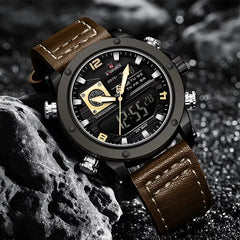 Naviforce luxury men's wrist watch with double display, featuring a coffee-colored dial and metal band for stylish everyday wear.