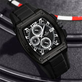 Naviforce NF8050 men's barrel watch with black dial, stainless steel case, and leather strap, showcasing a stylish timepiece.