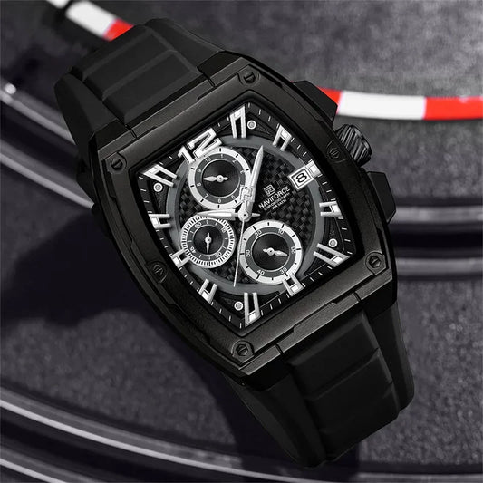 Naviforce NF8050 men's barrel watch with black dial, stainless steel case, and leather strap, showcasing a stylish timepiece.