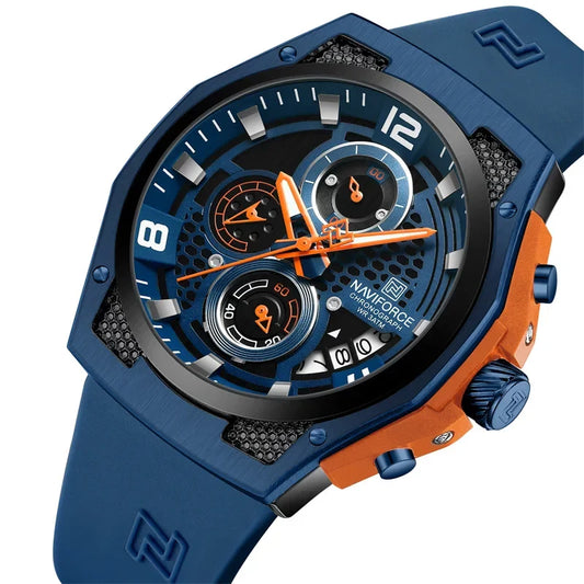 Naviforce NF8051T men's fashion wristwatch with a sleek black dial and stainless steel band, stylish men's watch for everyday wear.