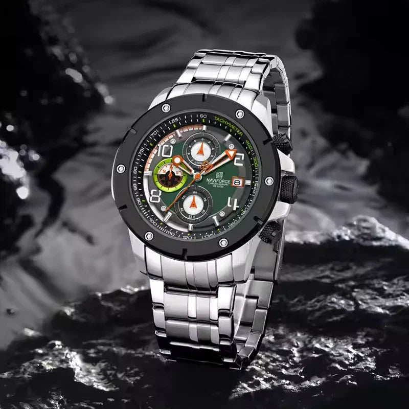 Naviforce NF8056 stylish men's watch with black dial, silver stainless steel band, and modern design.