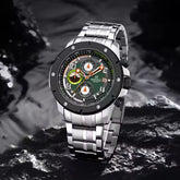 Naviforce NF8056 stylish men's watch with black dial, silver stainless steel band, and modern design.