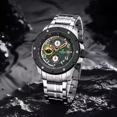 Naviforce NF8056 stylish men's watch with black dial, silver stainless steel band, and modern design.