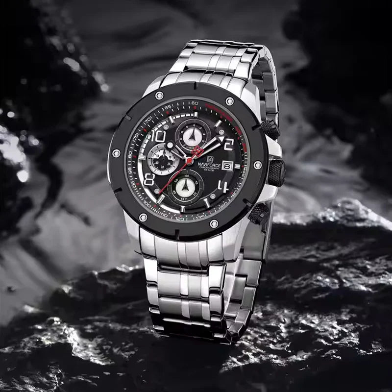 Naviforce NF8056 men's stylish watch with black dial, stainless steel band, and modern design displayed in the image.