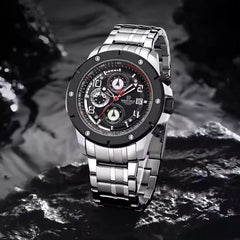 Naviforce NF8056 men's stylish watch with black dial, stainless steel band, and modern design displayed in the image.