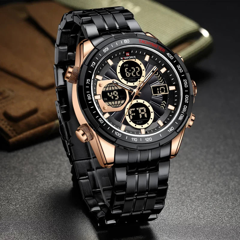 Naviforce NF8020S stainless steel men's quartz watch with black dial and silver strap, showing time on the watch face.