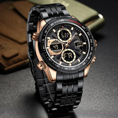 Naviforce NF8020S stainless steel men's quartz watch with black dial and silver strap, showing time on the watch face.