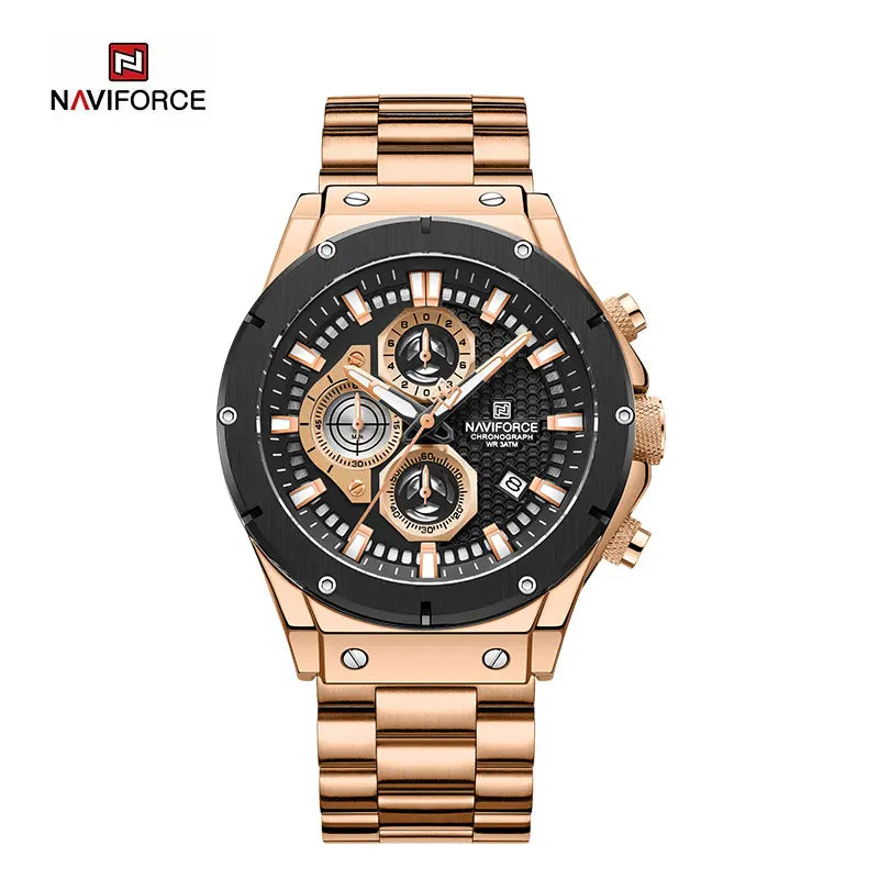 Naviforce NF8026 men's chronograph quartz watch with black dial, silver-tone case, and stainless steel strap.
