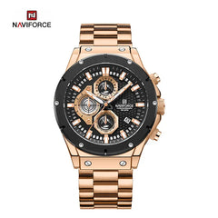Naviforce NF8026 men's chronograph quartz watch with black dial, silver-tone case, and stainless steel strap.